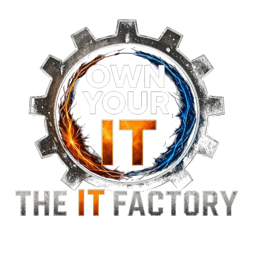 Own Your IT flaming gear mark, The IT Factory